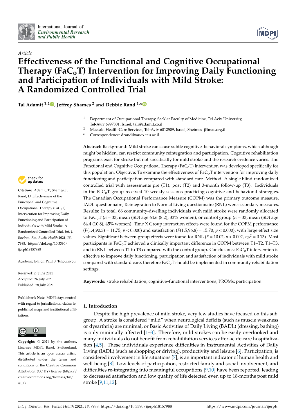 (Facot) Intervention for Improving Daily Functioning and Participation of Individuals with Mild Stroke: a Randomized Controlled Trial