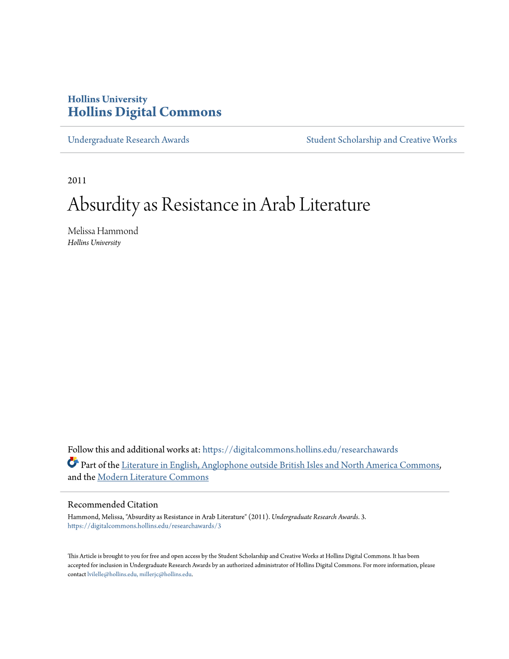 Absurdity As Resistance in Arab Literature Melissa Hammond Hollins University