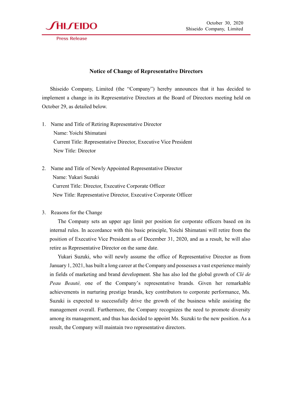 Notice of Change of Representative Directors