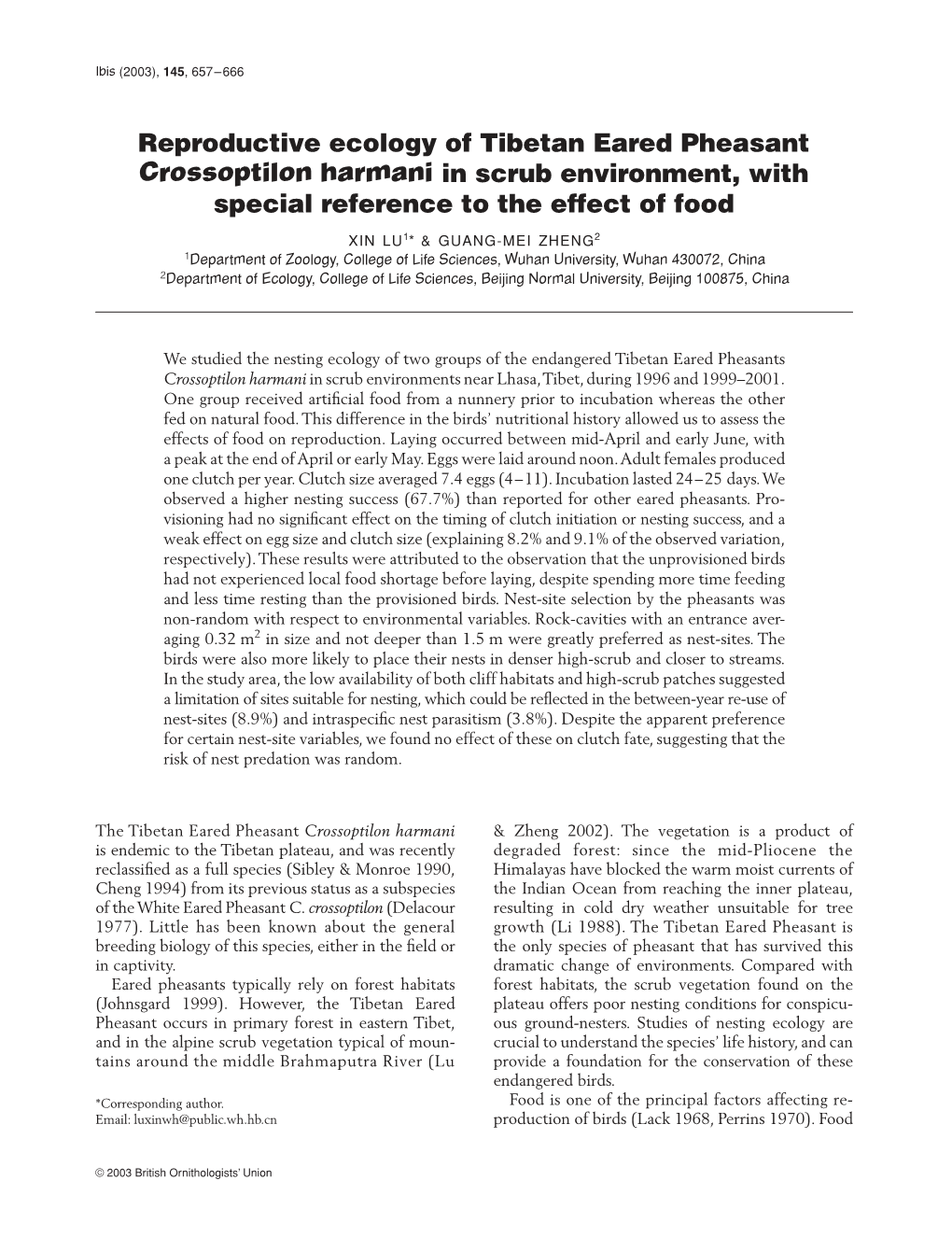 Reproductive Ecology of Tibetan Eared Pheasant Crossoptilon Harmani in Scrub Environment, with Special Reference to the Effect of Food