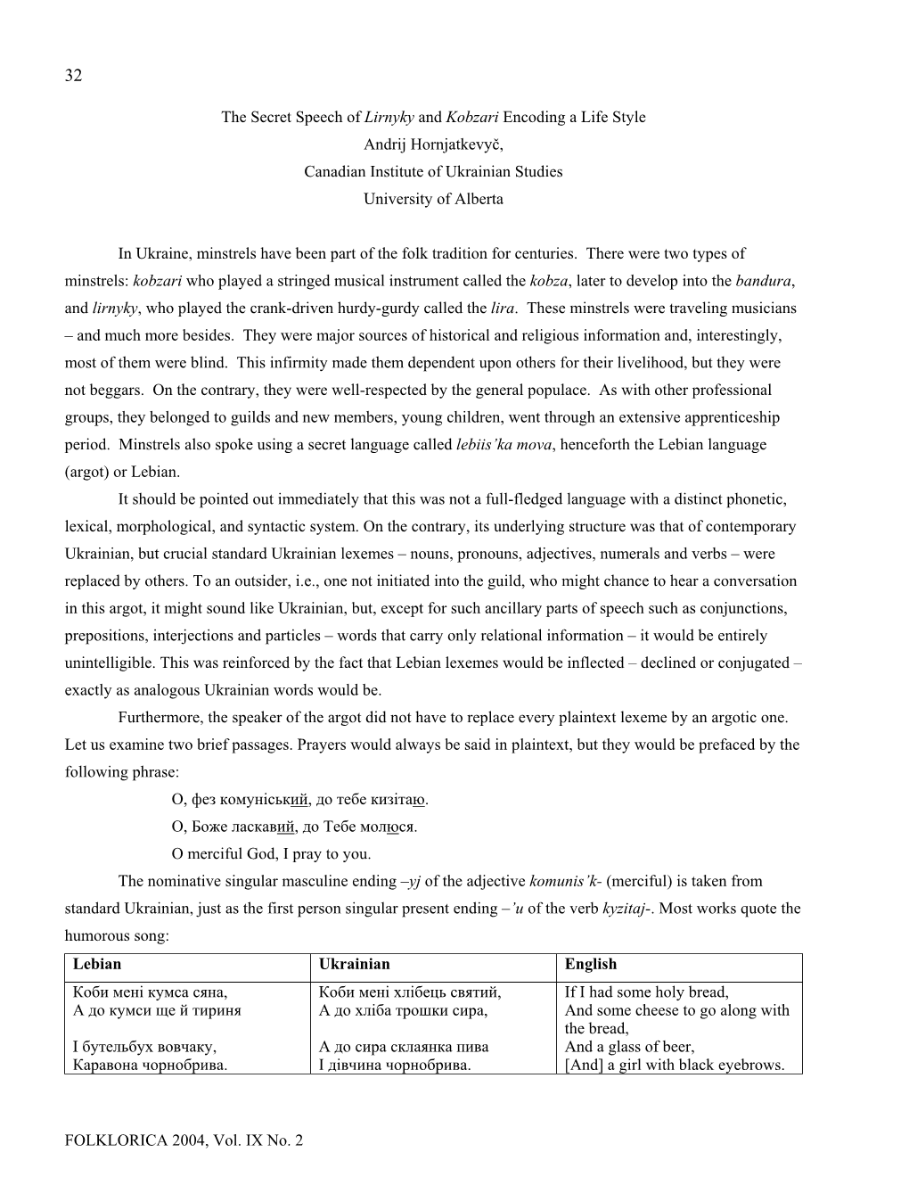 The Secret Speech of Lirnyky and Kobzari Encoding a Life Style Andrij Hornjatkevyč, Canadian Institute of Ukrainian Studies University of Alberta