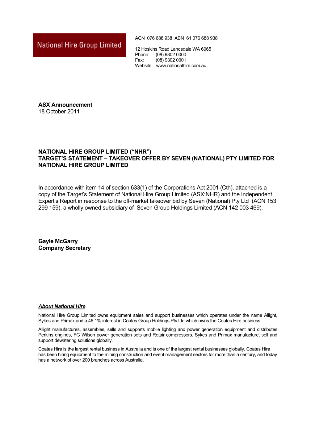 ASX Announcement 18 October 2011 NATIONAL HIRE GROUP LIMITED