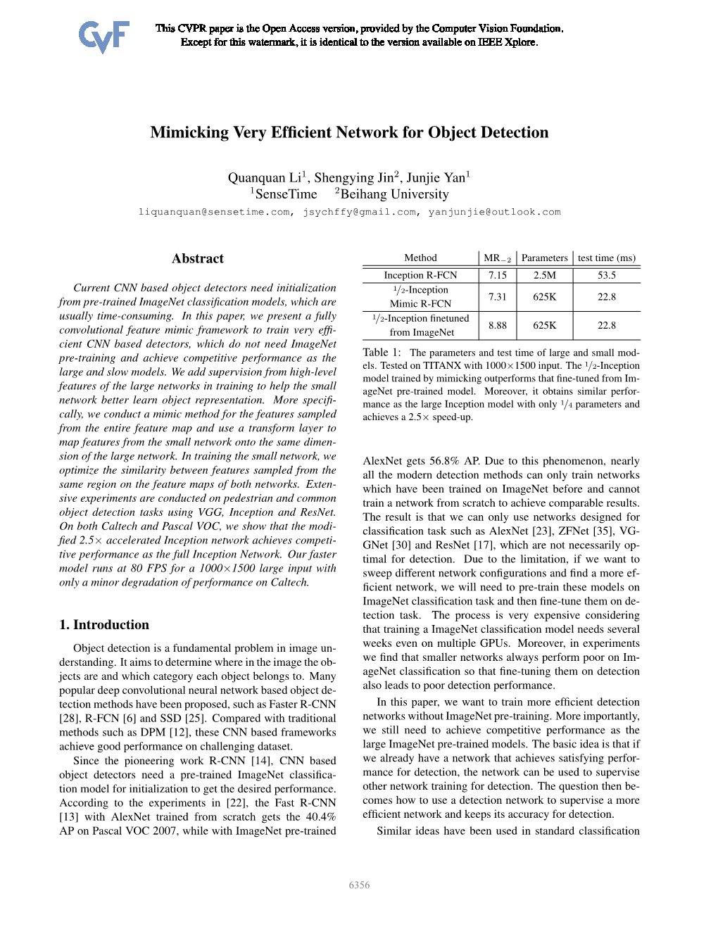 Mimicking Very Efficient Network for Object Detection