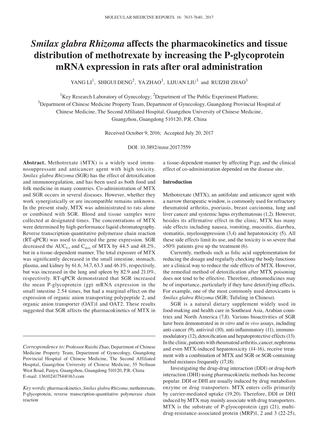 Smilax Glabra Rhizoma Affects the Pharmacokinetics and Tissue Distribution of Methotrexate by Increasing the P‑Glycoprotein Mr