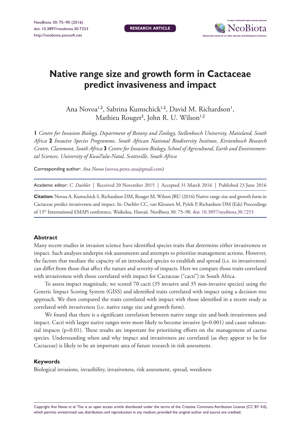 ﻿Native Range Size and Growth Form in Cactaceae Predict Invasiveness
