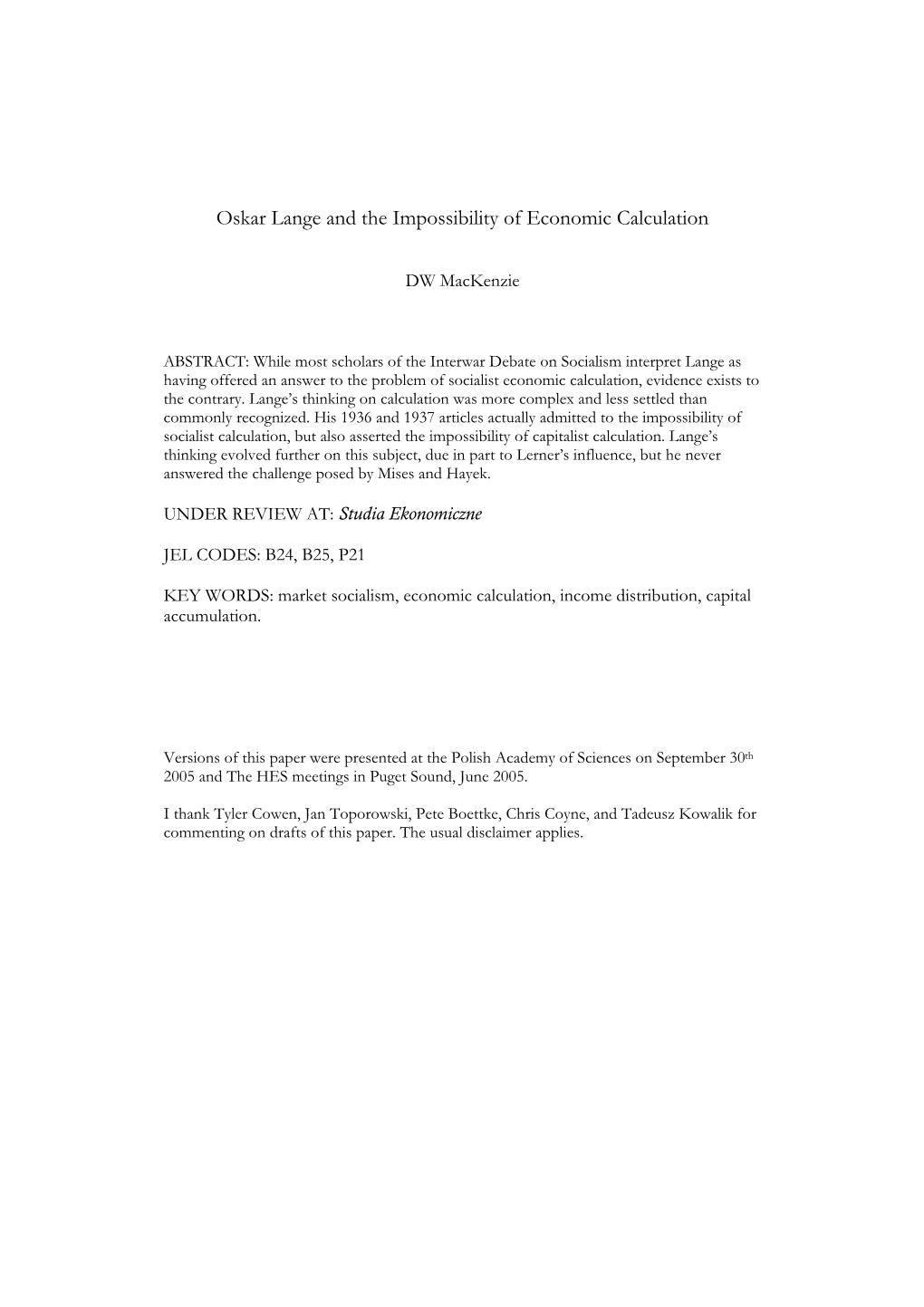 Oskar Lange and the Impossibility of Economic Calculation