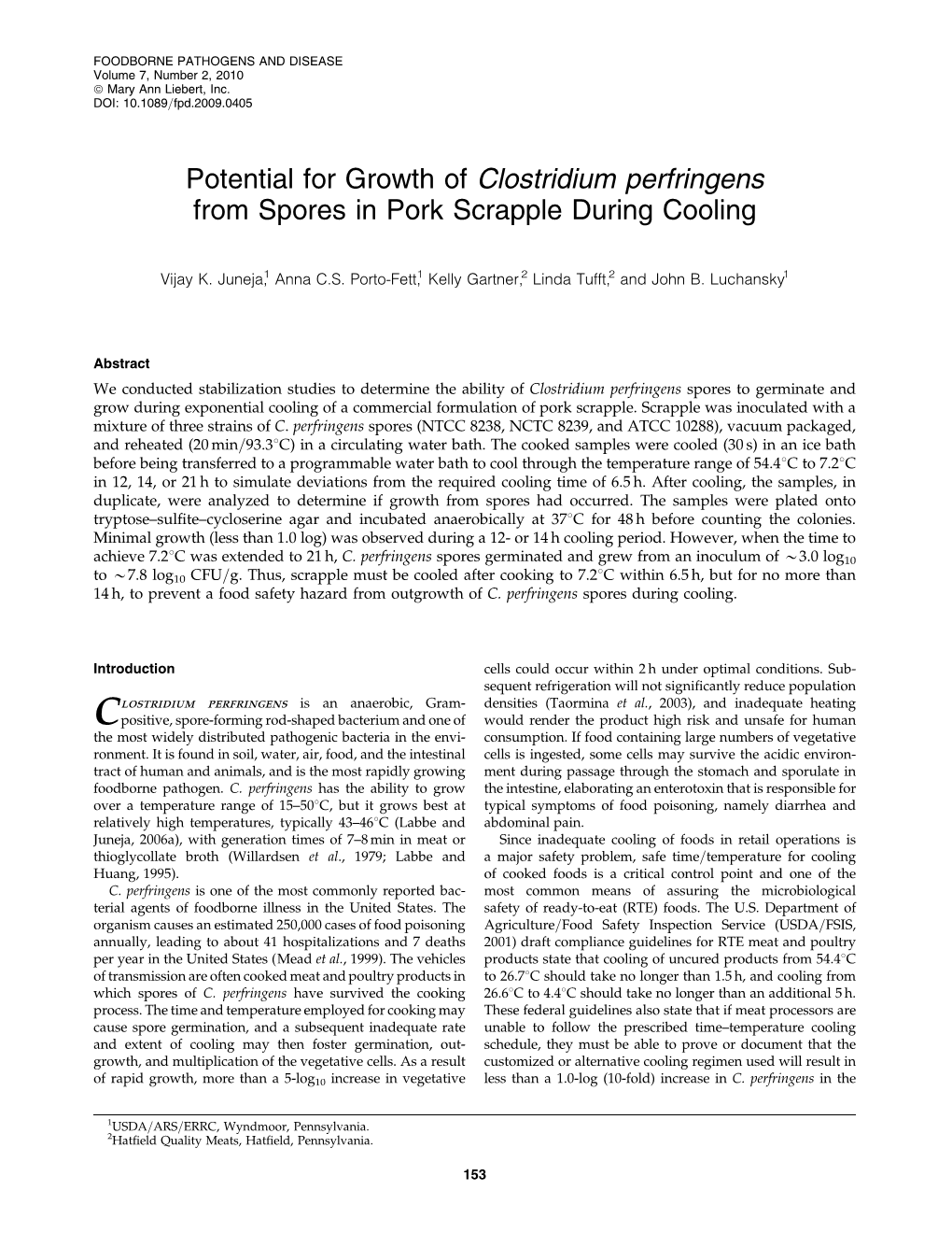 Potential for Growth of Clostridium Perfringens from Spores in Pork Scrapple During Cooling