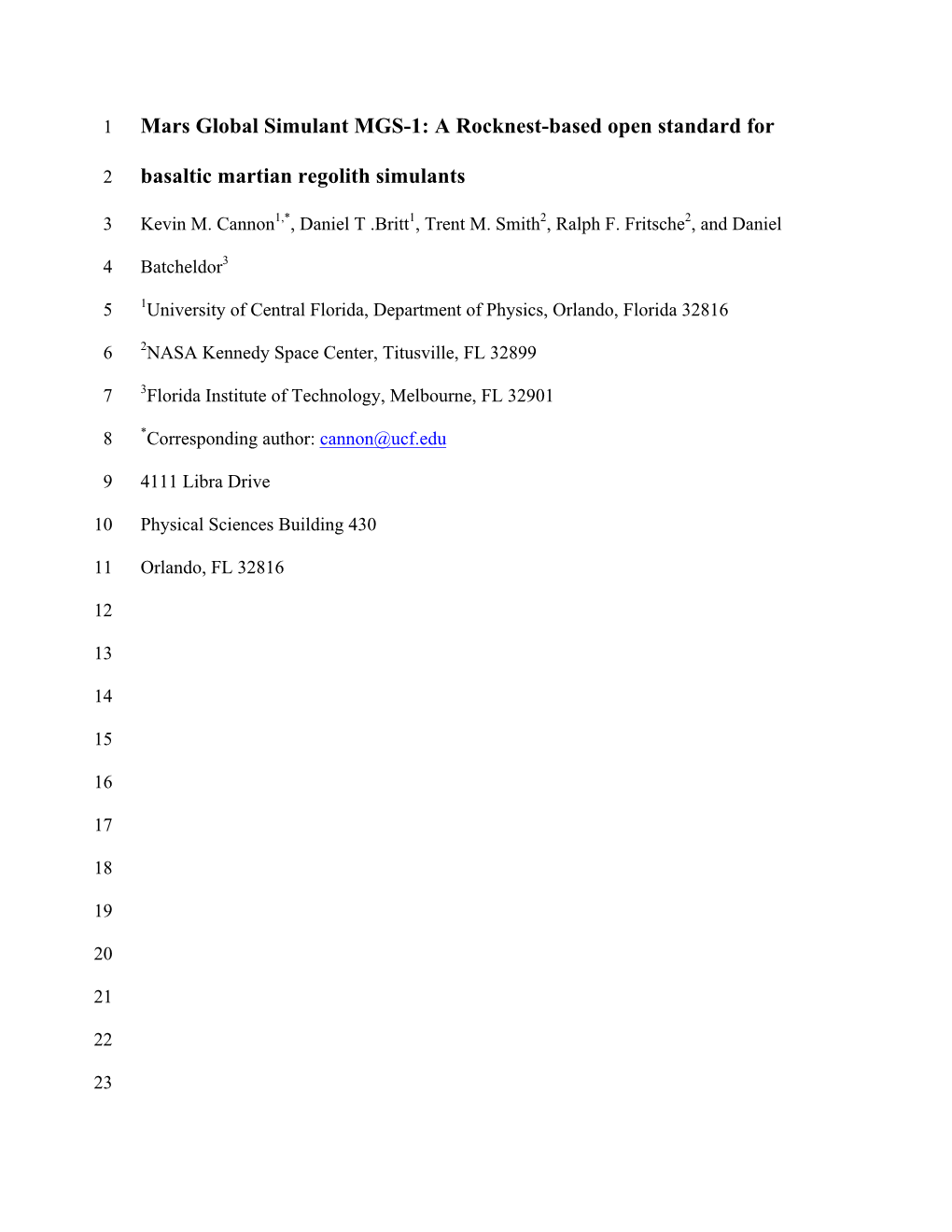 Mars Global Simulant MGS-1: a Rocknest-Based Open Standard For