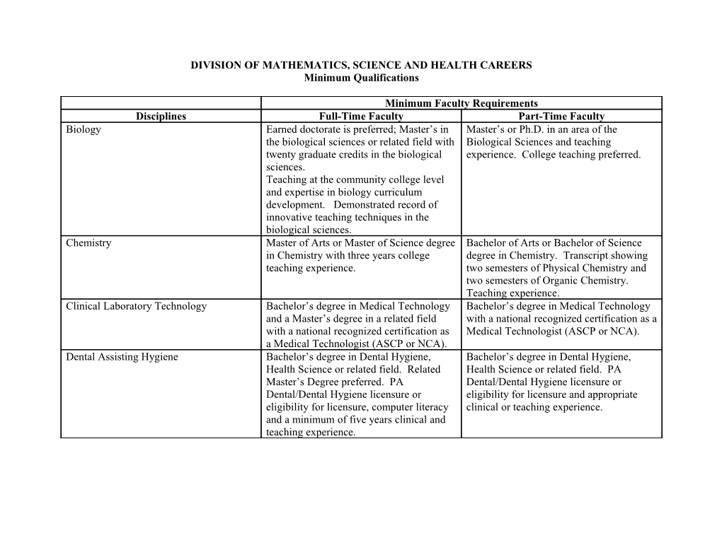 Division of Mathematics, Science and Health Careers