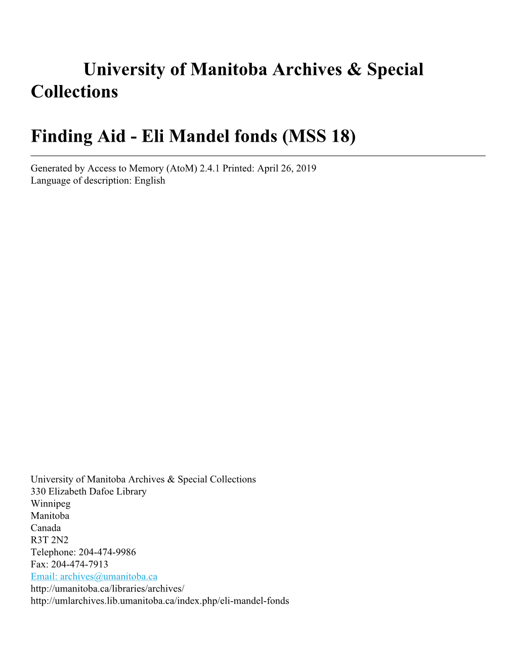 Eli Mandel Fonds (MSS 18)