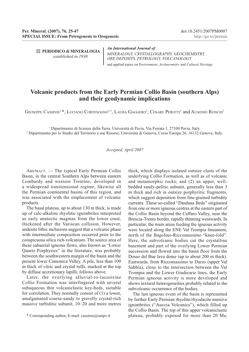 Volcanic Products from the Early Permian Collio Basin (Southern Alps) and Their Geodynamic Implications