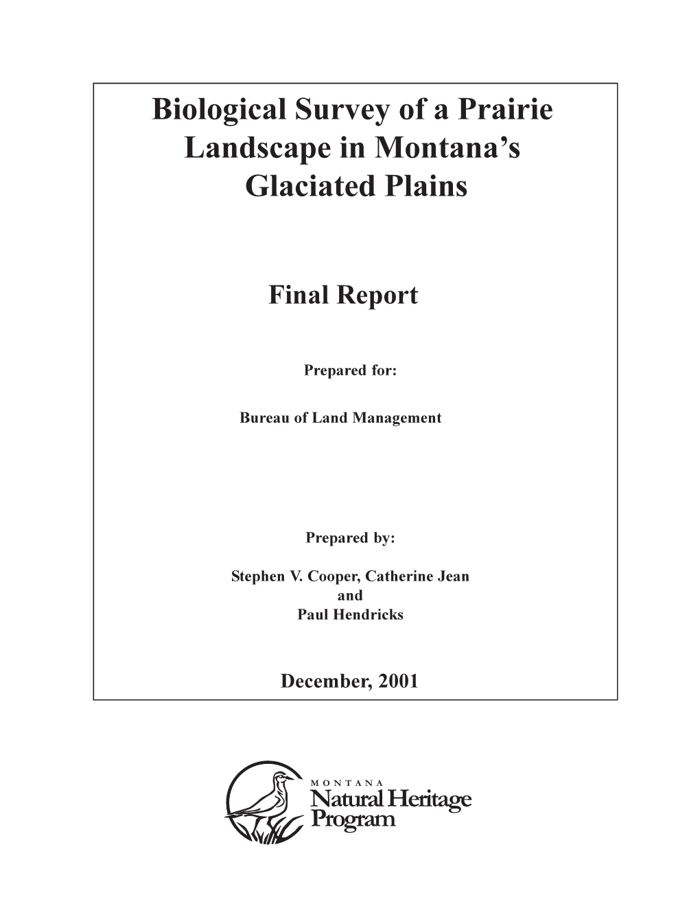 Biological Survey of a Prairie Landscape in Montana's Glaciated