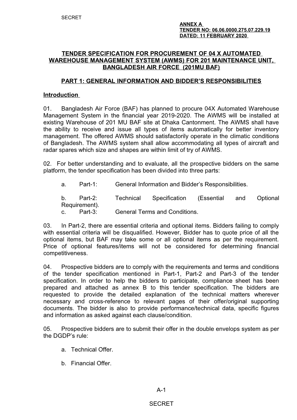 Tender Specification of 01Xlong Range Air Defence