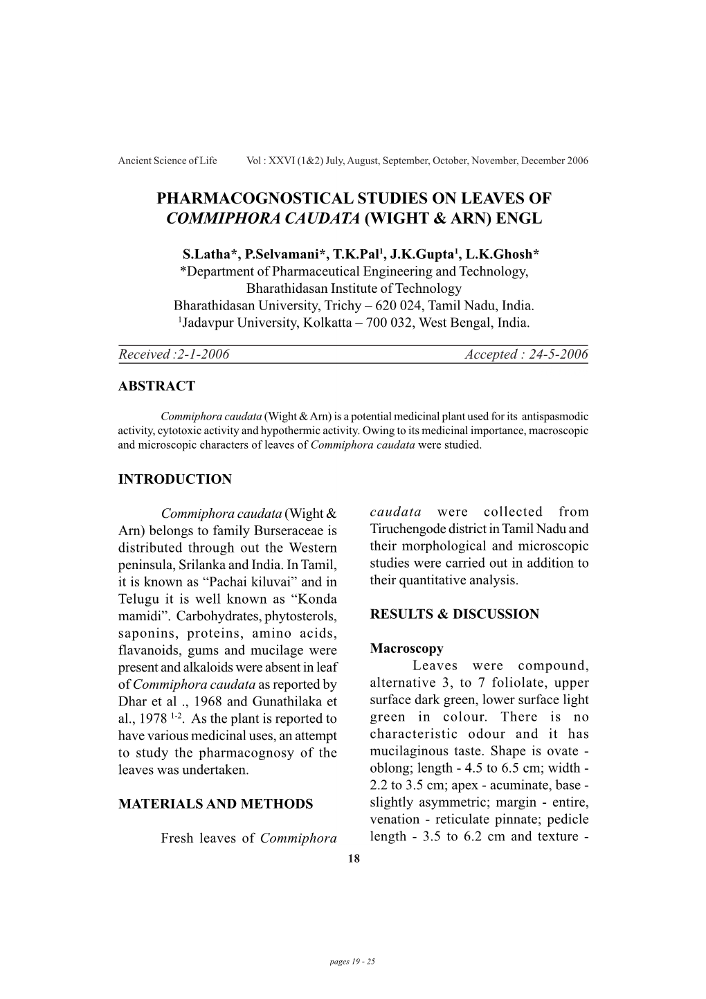 Pharmacognostical Studies on Leaves of Commiphora Caudata (Wight & Arn)