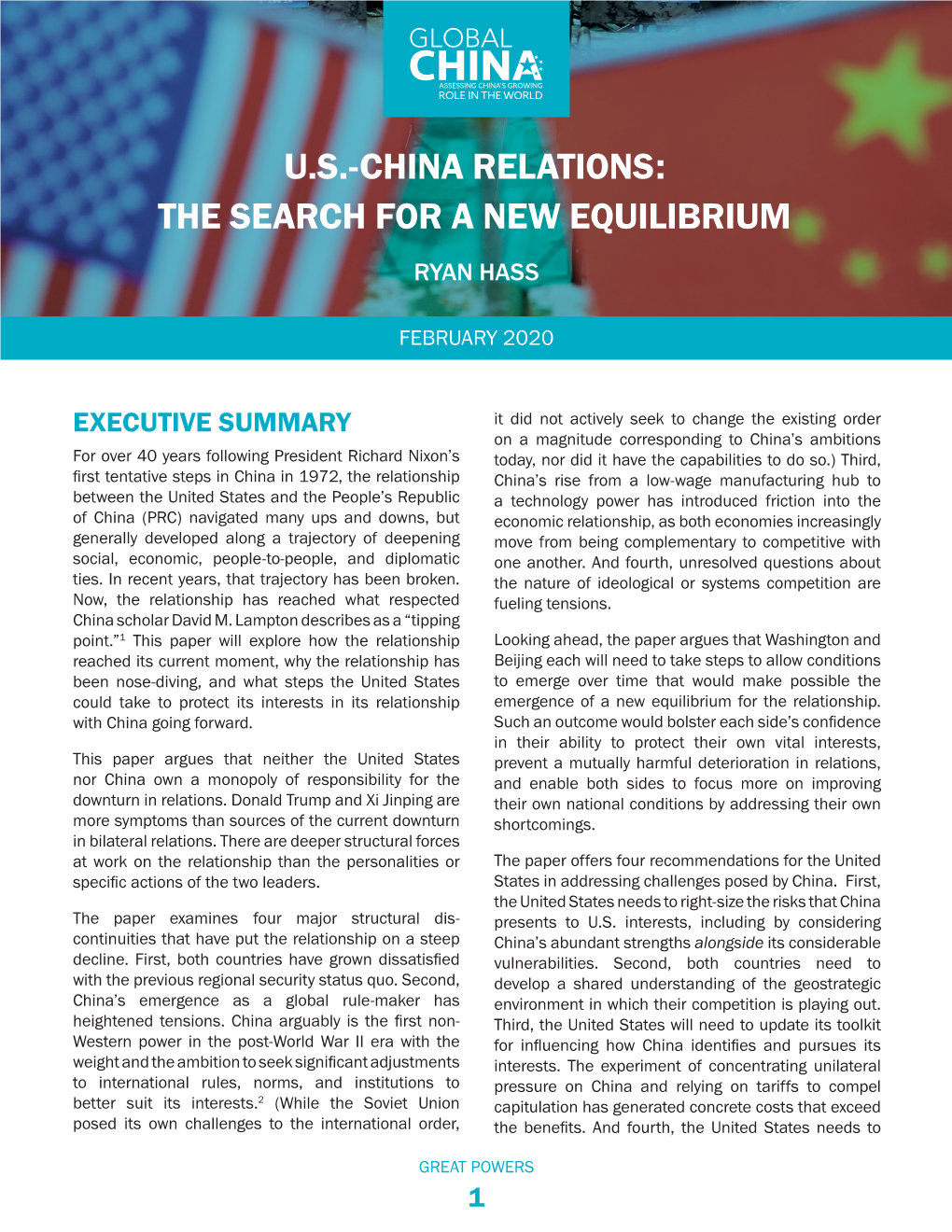 U.S.-China Relations: the Search for a New Equilibrium Ryan Hass