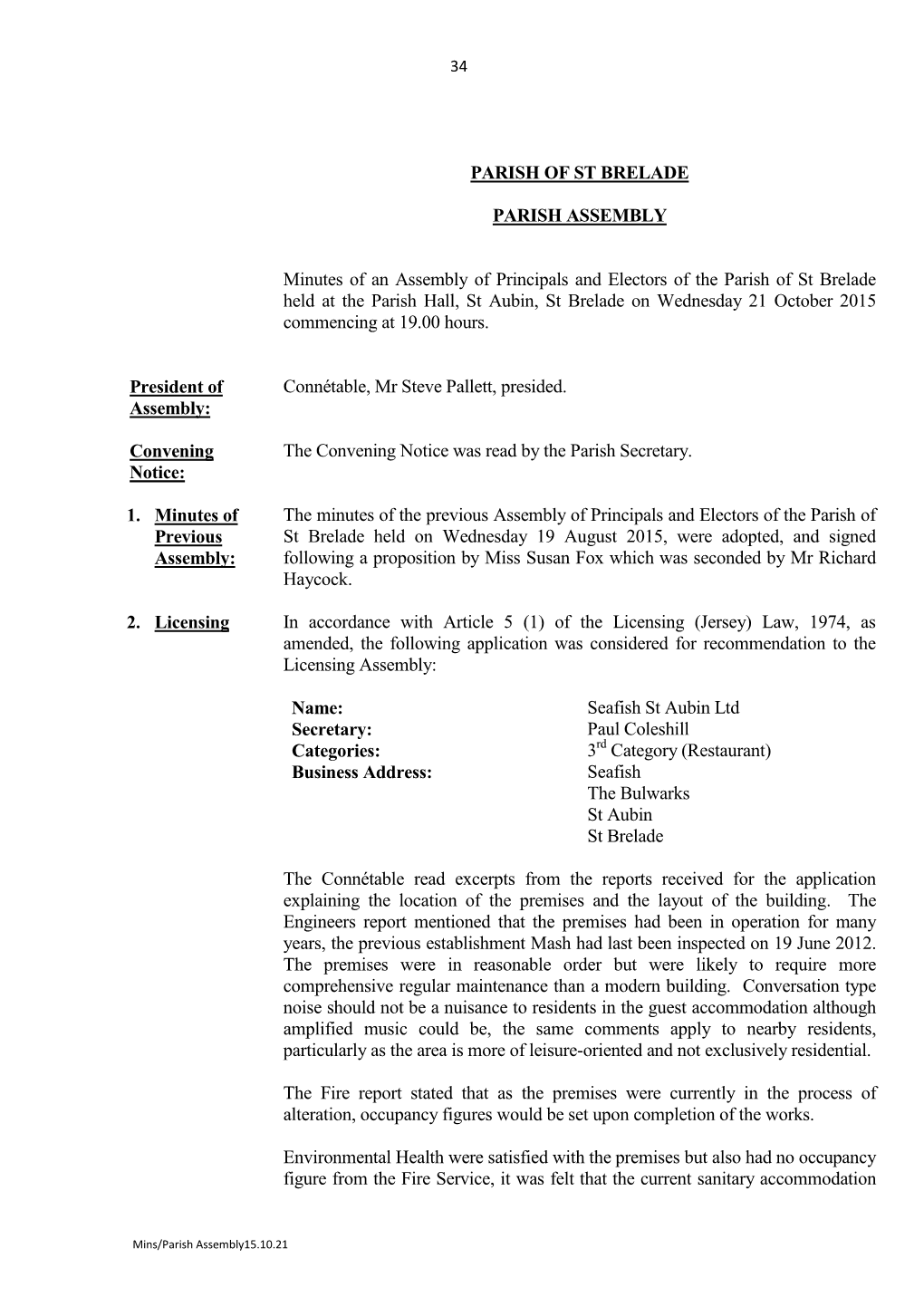 2. Licensing PARISH of ST BRELADE PARISH ASSEMBLY Minu