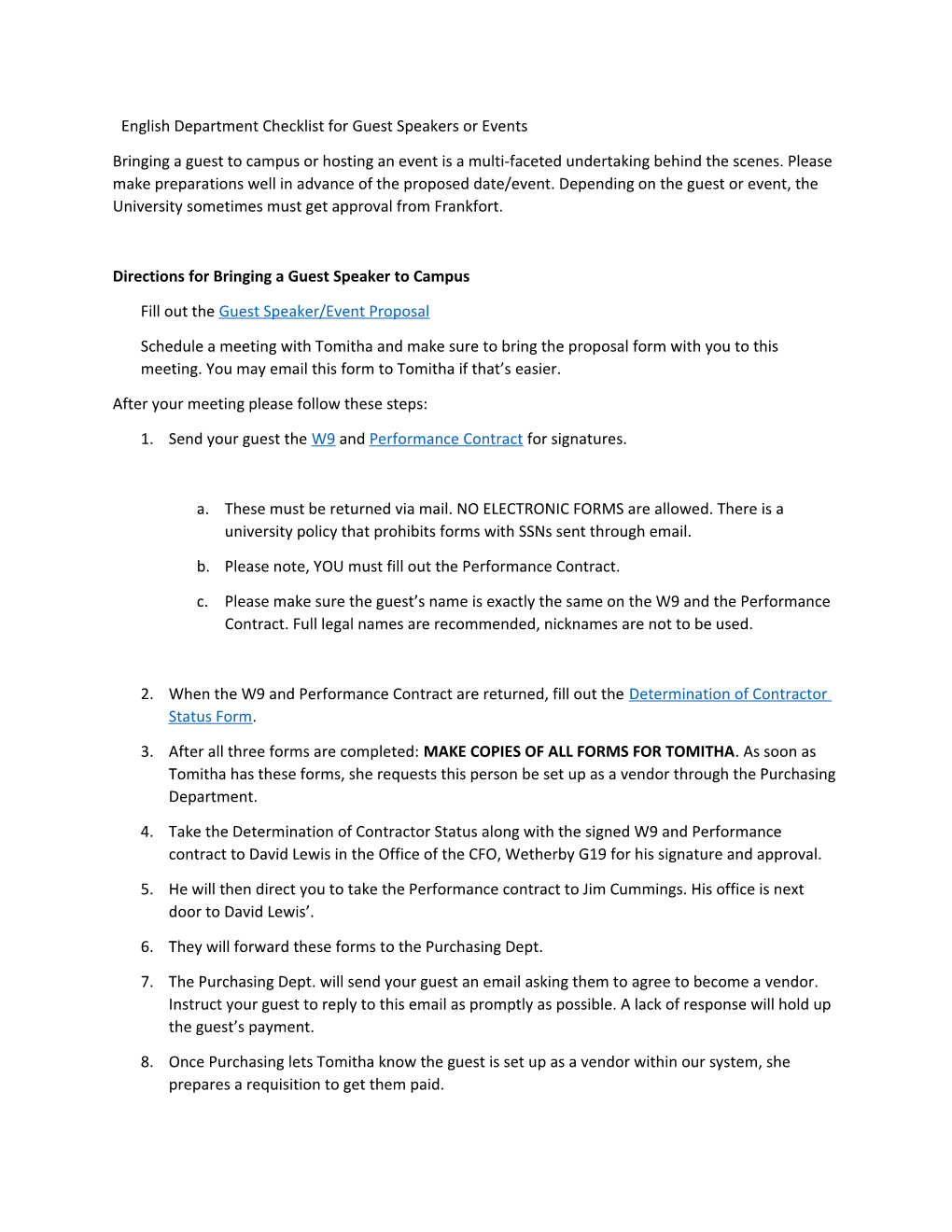 English Department Checklist for Guest Speakers Or Events