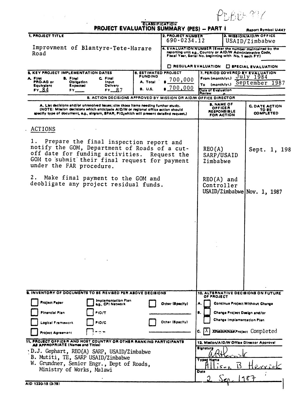 PART I 690-0234.12 IUSAID/Zimbabwe Improvment Of