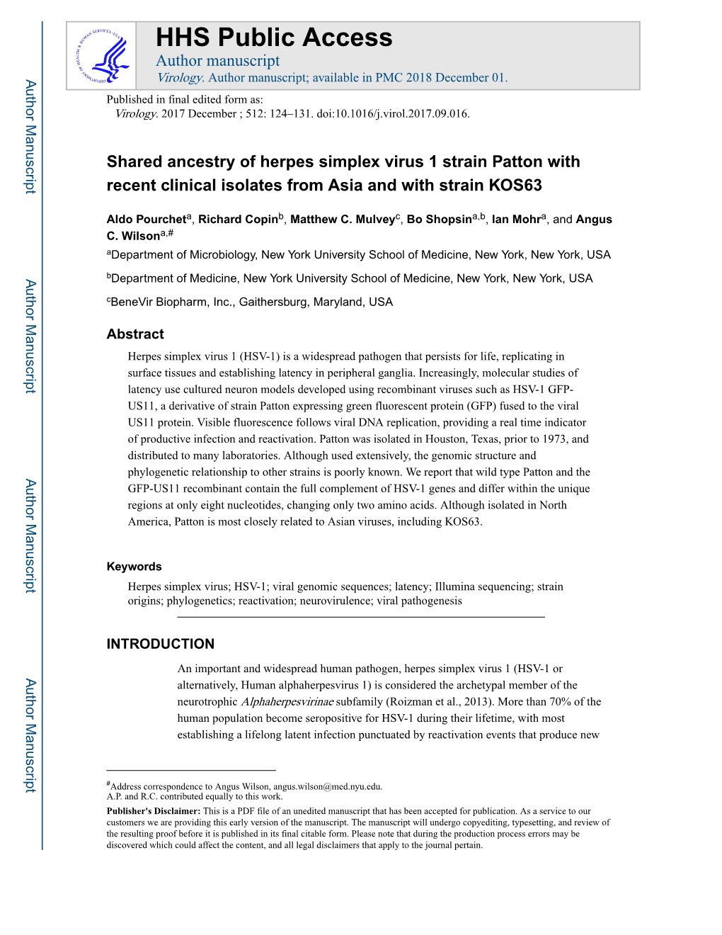 Shared Ancestry of Herpes Simplex Virus 1 Strain Patton with Recent Clinical Isolates from Asia and with Strain KOS63