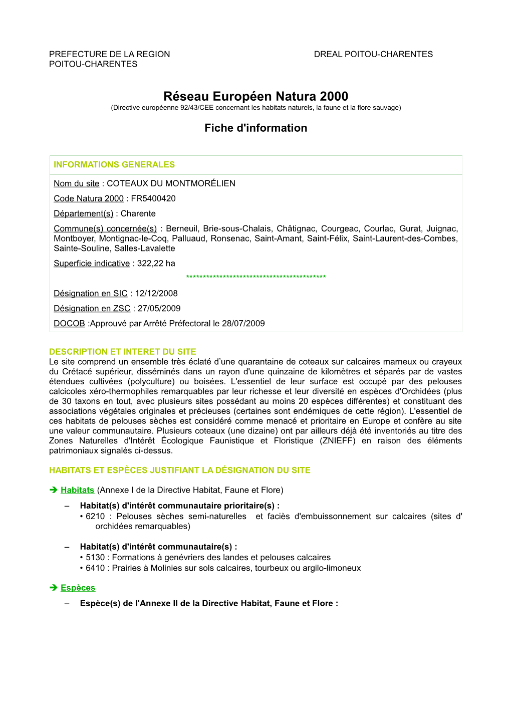 Réseau Européen Natura 2000 (Directive Européenne 92/43/CEE Concernant Les Habitats Naturels, La Faune Et La Flore Sauvage)