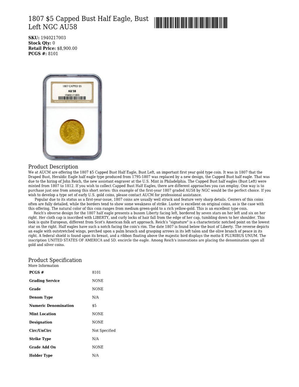 1807 $5 Capped Bust Half Eagle, Bust Left NGC AU58