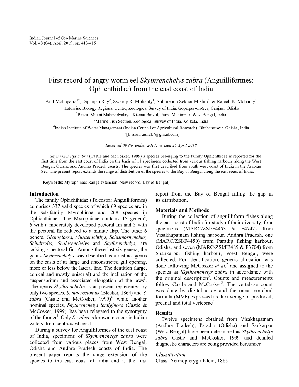 First Record of Angry Worm Eel Skythrenchelys Zabra (Anguilliformes: Ophichthidae) from the East Coast of India