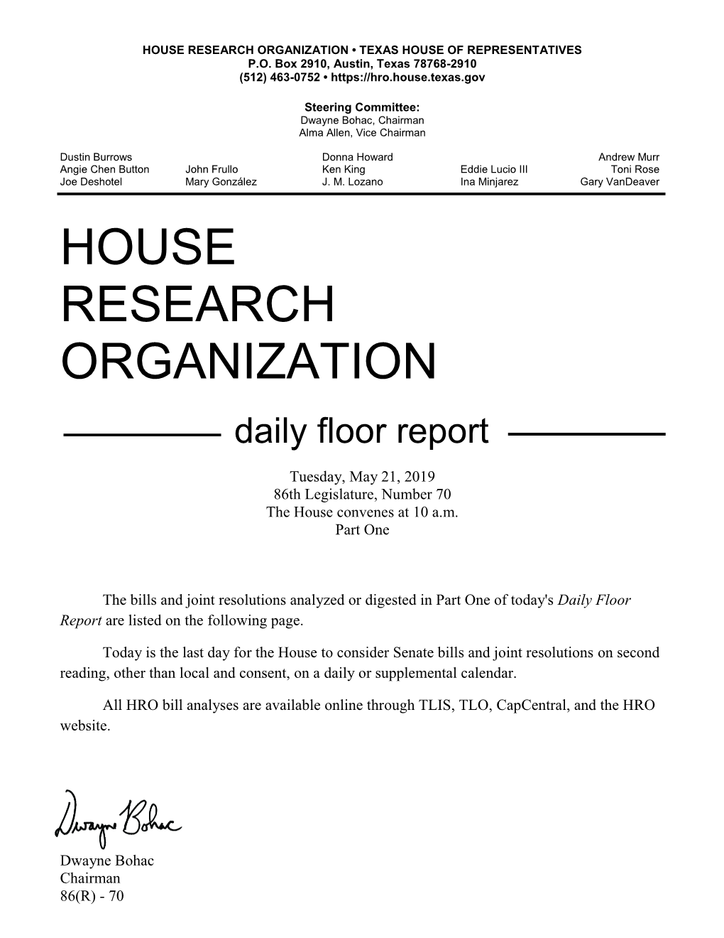 House Research Organization • Texas House of Representatives P.O