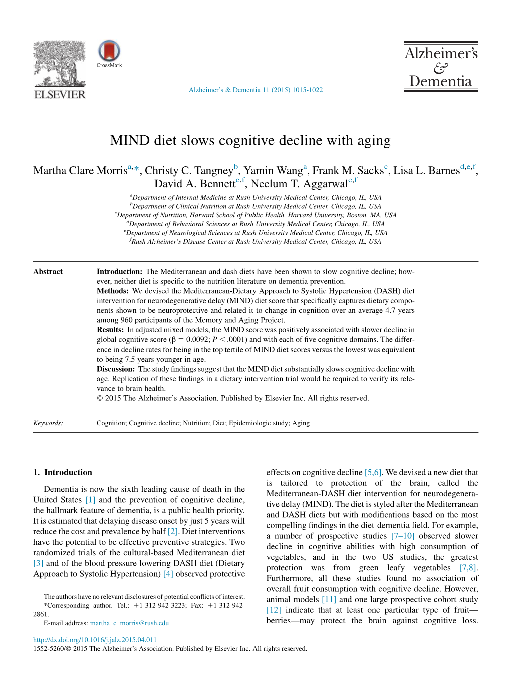 MIND Diet Slows Cognitive Decline with Aging