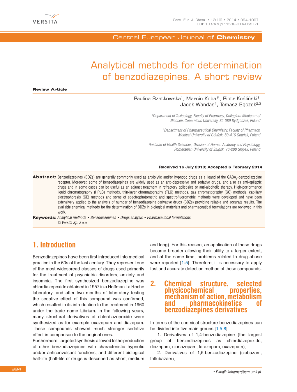 Analytical Methods for Determination of Benzodiazepines. a Short Review