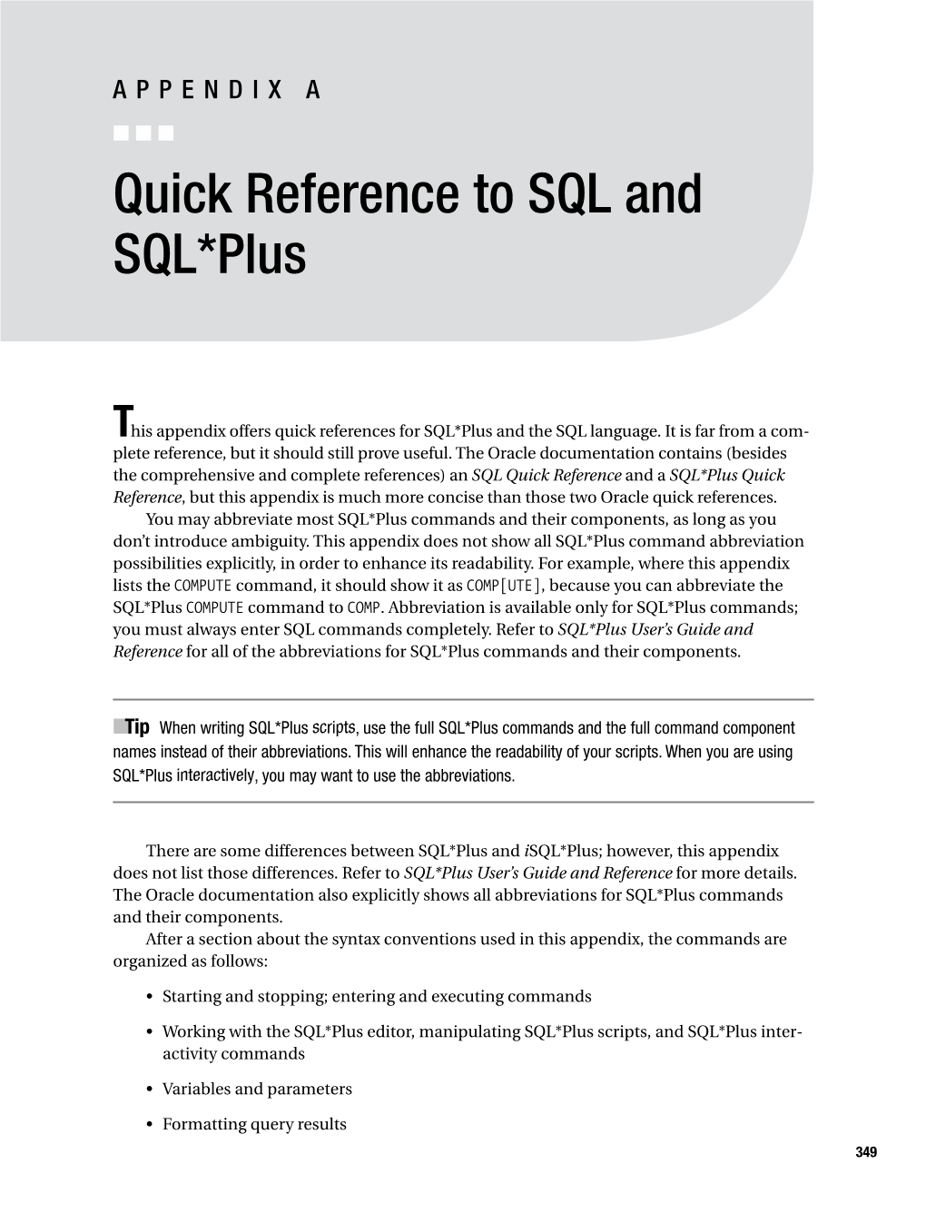Quick Reference to SQL and SQL*Plus