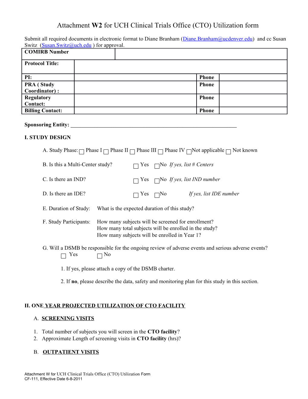 Attachment W2 for UCH Clinical Trials Office (CTO) Utilization Form