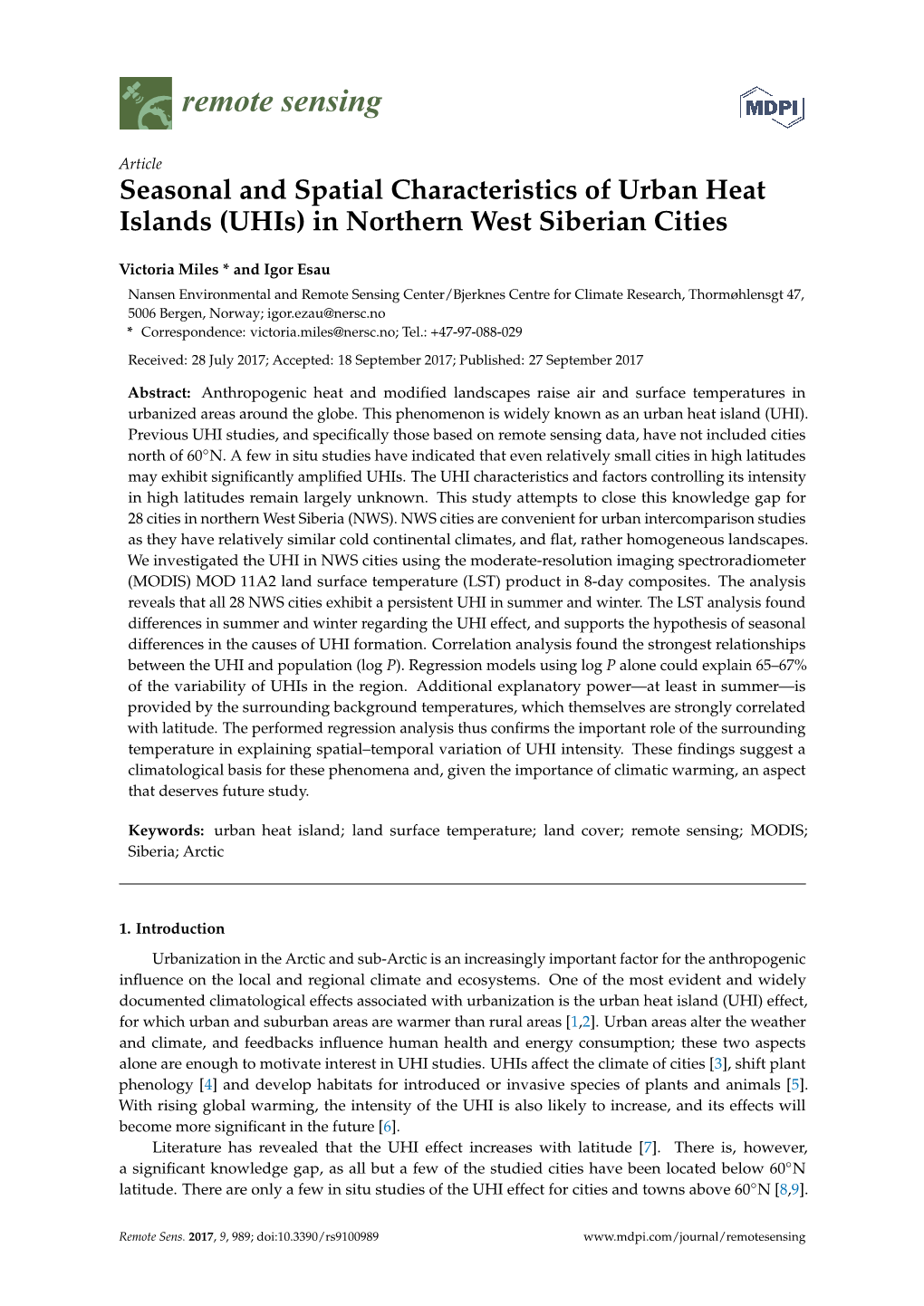 Seasonal and Spatial Characteristics of Urban Heat Islands (Uhis) in Northern West Siberian Cities