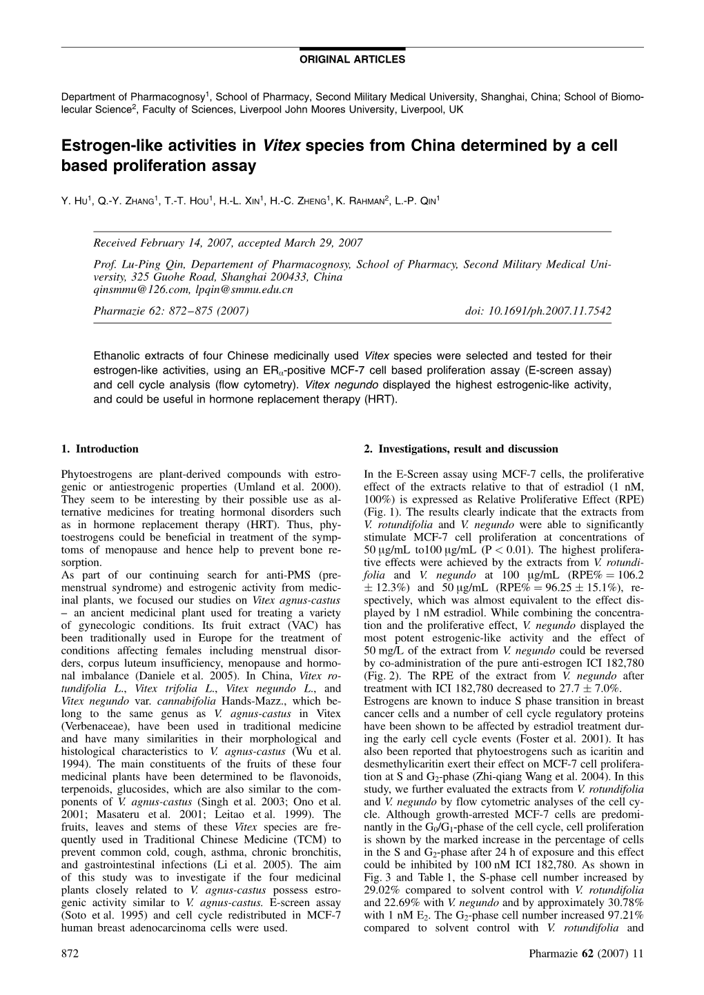 Estrogen-Like Activities in Vitex Species from China Determined by a Cell Based Proliferation Assay