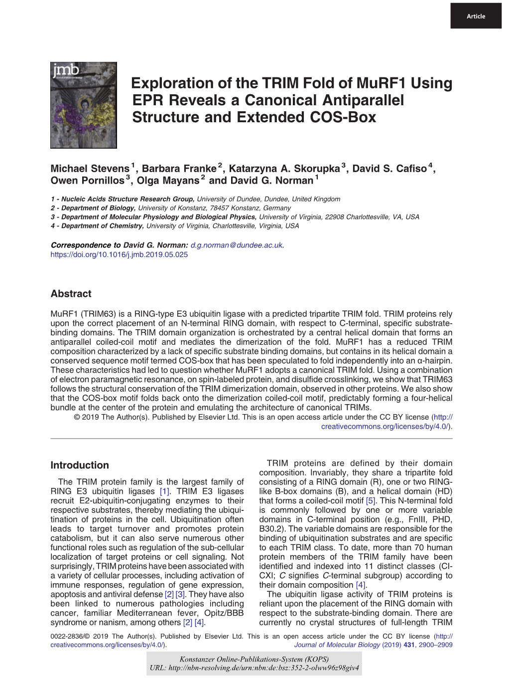 Exploration of the TRIM Fold of Murf1 Using EPR Reveals a Canonical Antiparallel Structure and Extended COS-Box