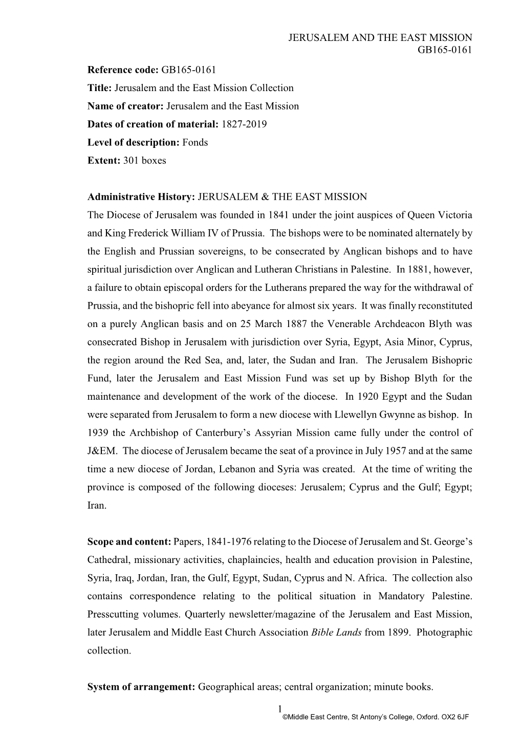 Jerusalem and East Mission Fund Was Set up by Bishop Blyth for the Maintenance and Development of the Work of the Diocese