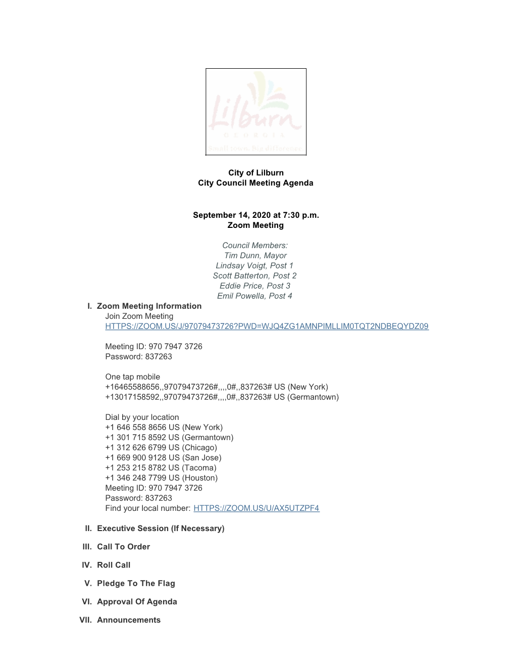 City of Lilburn City Council Meeting Agenda September 14, 2020 at 7