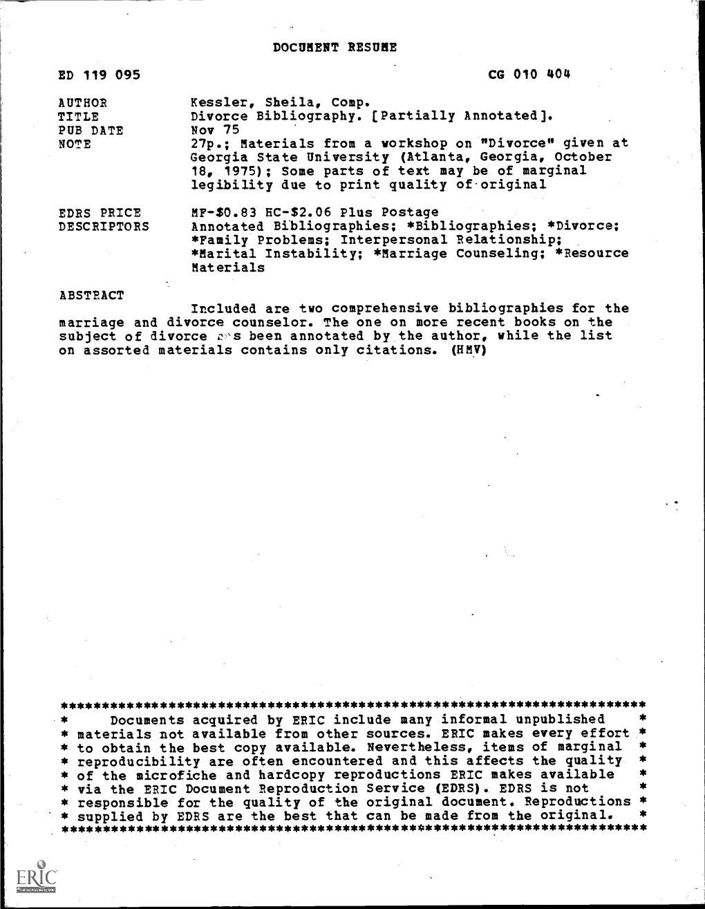 DOCUMENT RESUME ED 119 095 CG 010 404 AUTHOR Kessler