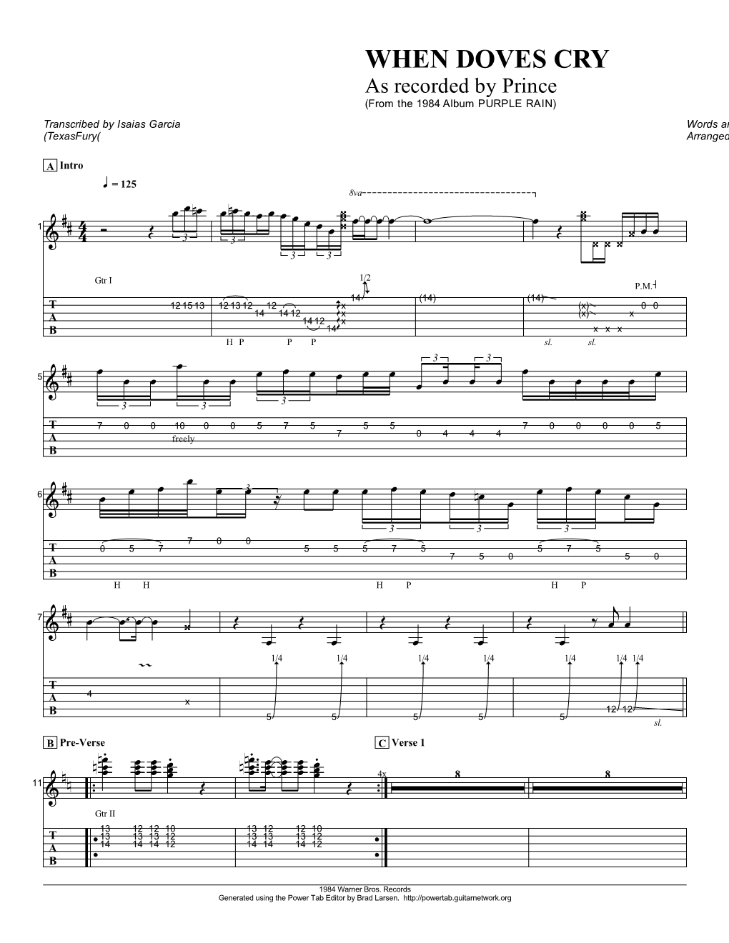 Prince (From the 1984 Album PURPLE RAIN) Transcribed by Isaias Garcia Words and Music by Prince (Texasfury( Arranged by Prince