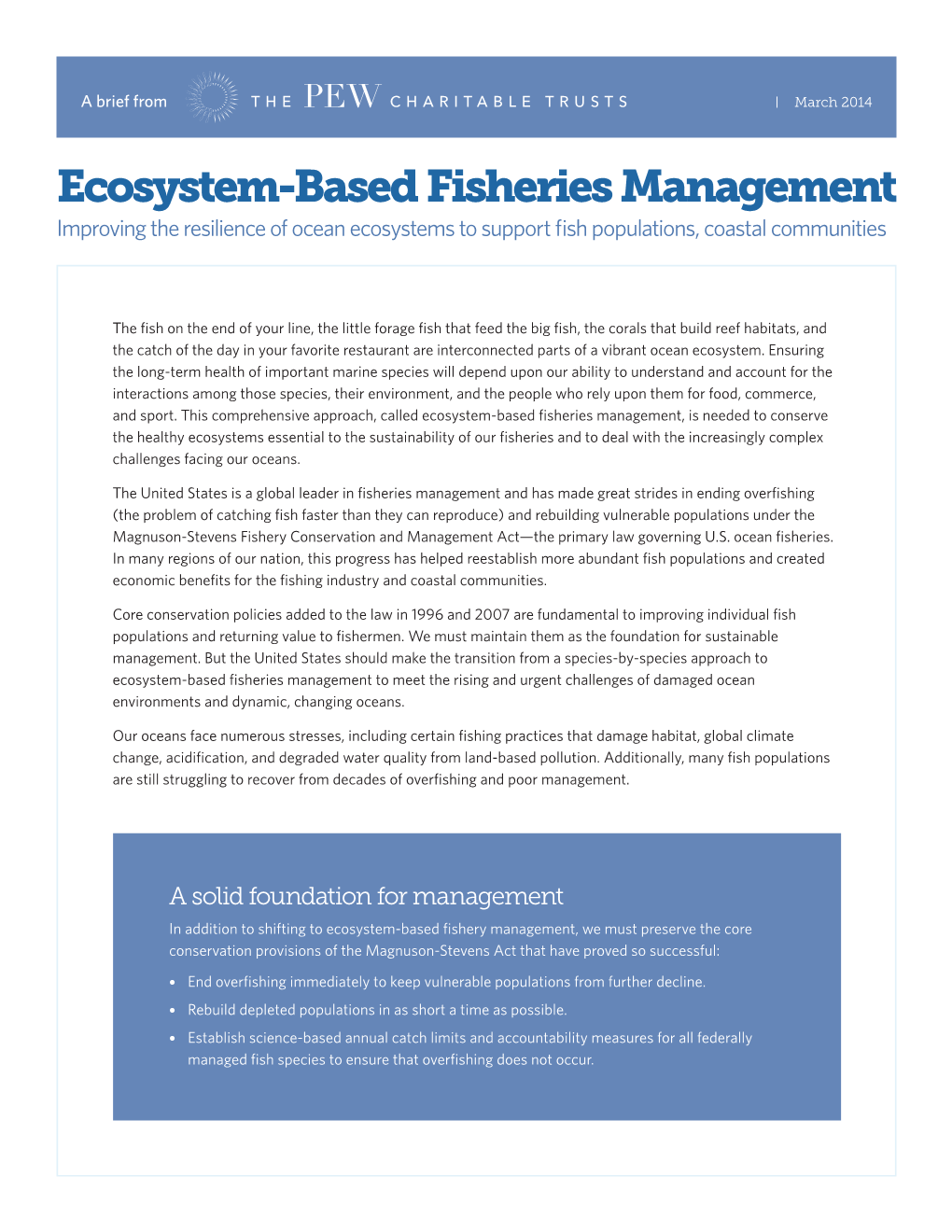 Ecosystem-Based Fisheries Management Improving the Resilience of Ocean Ecosystems to Support Fish Populations, Coastal Communities