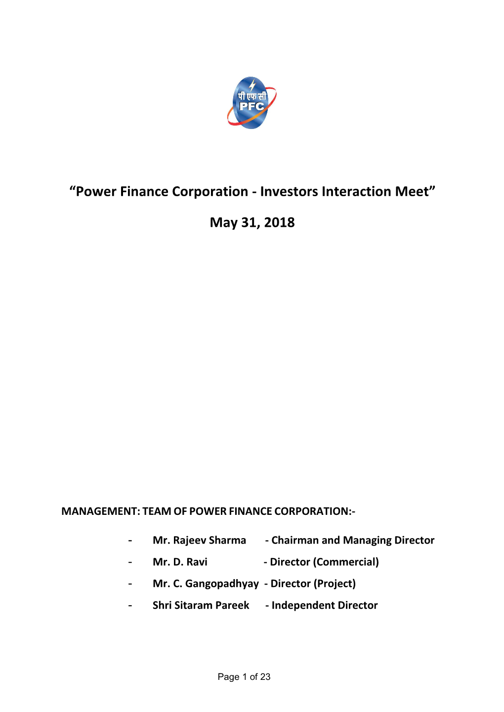 “Power Finance Corporation - Investors Interaction Meet”