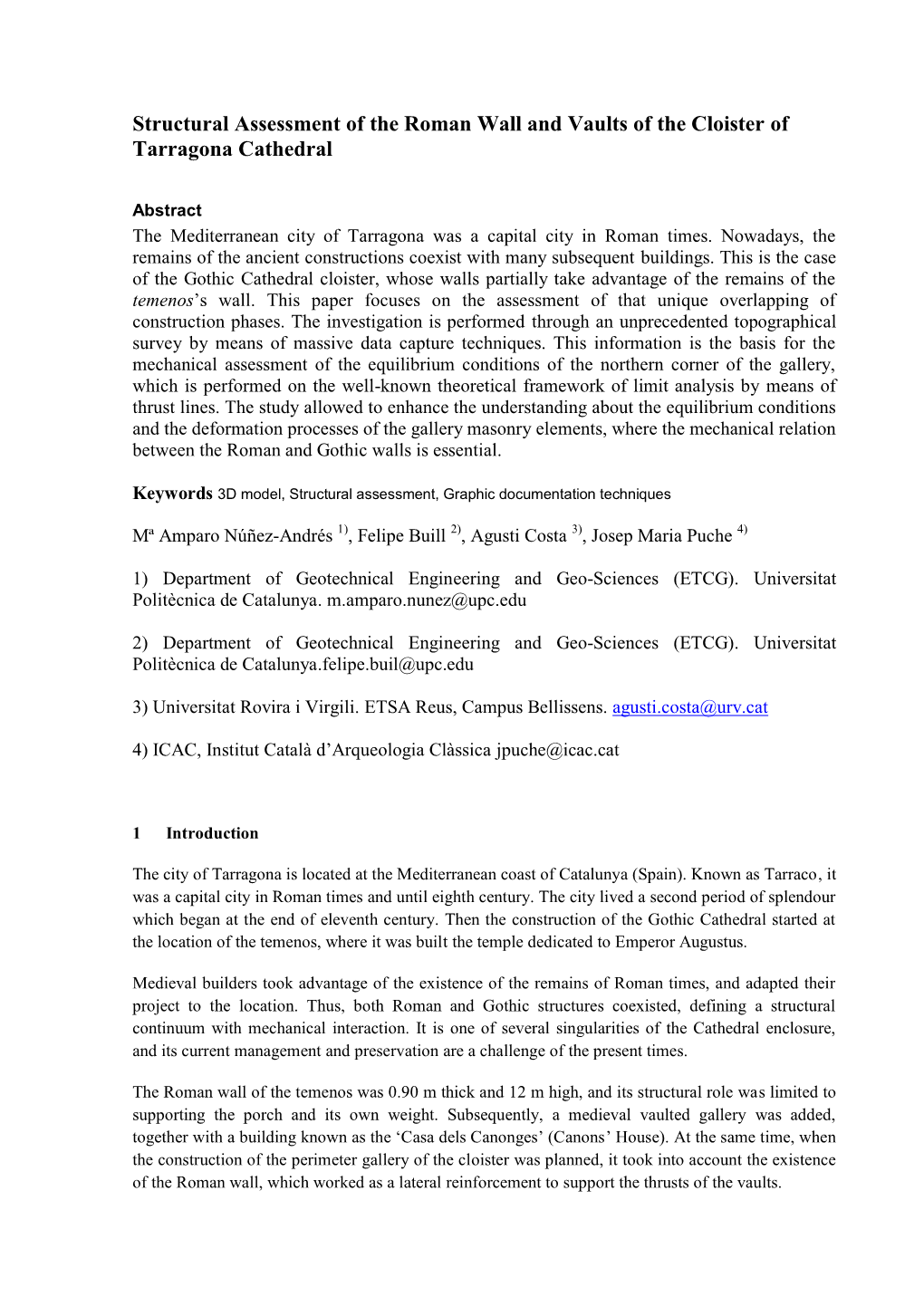 Structural Assessment of the Roman Wall and Vaults of the Cloister of Tarragona Cathedral