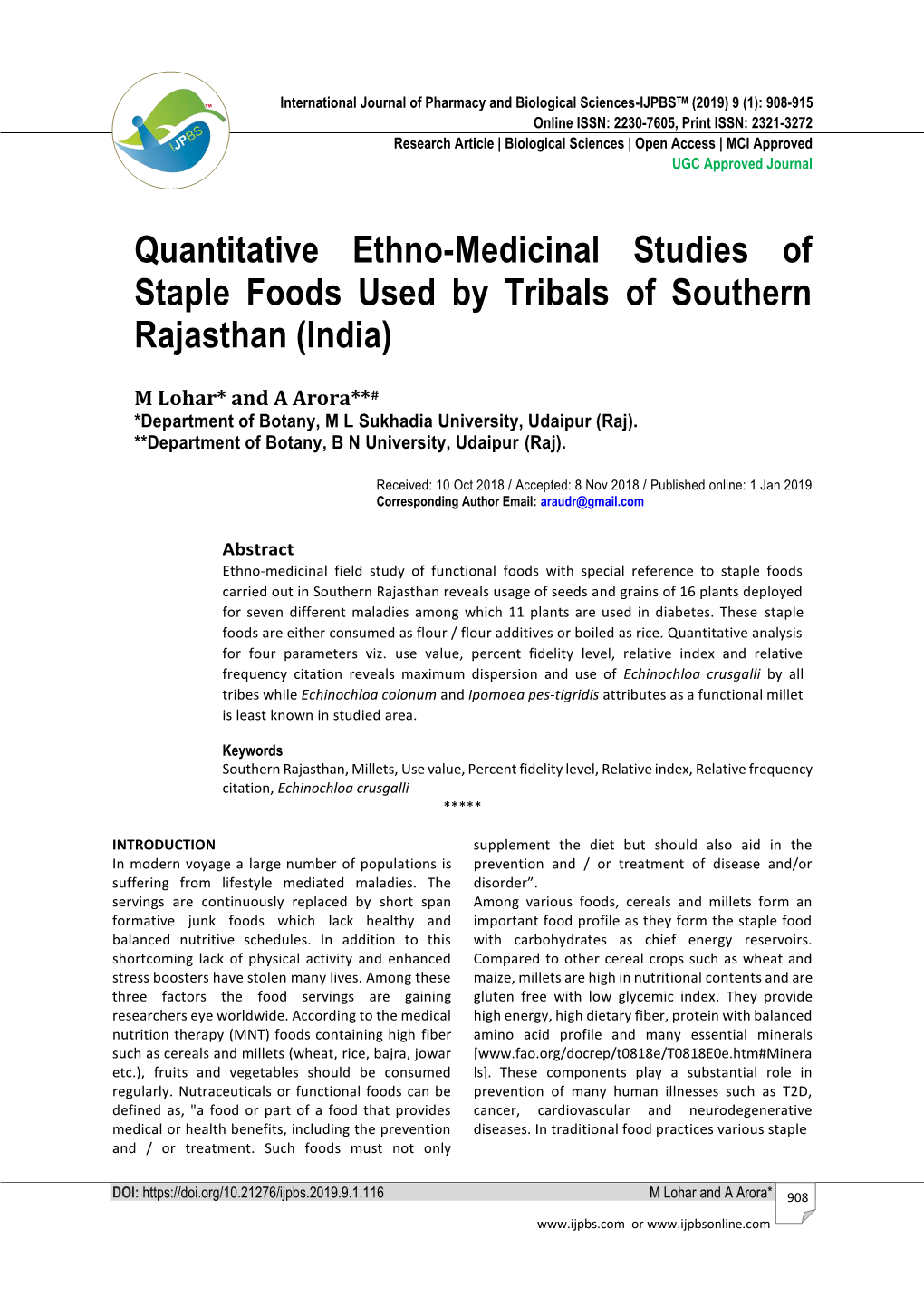 Quantitative Ethno-Medicinal Studies of Staple Foods Used by Tribals of Southern Rajasthan (India)