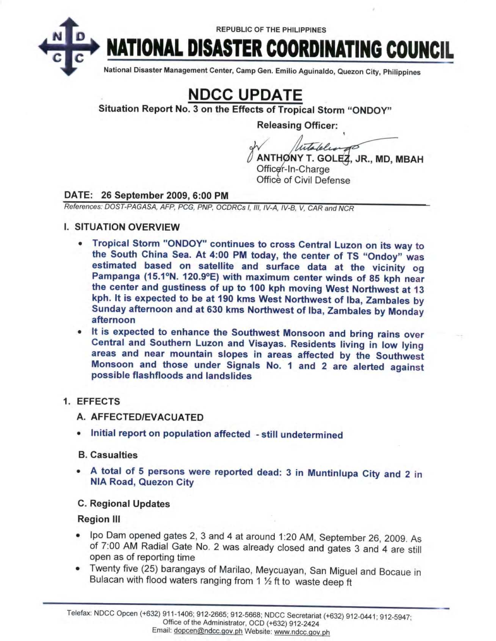 NDCC Sitrep No 3 on the Effects of TS Ondoy As of 26 Sept 2009