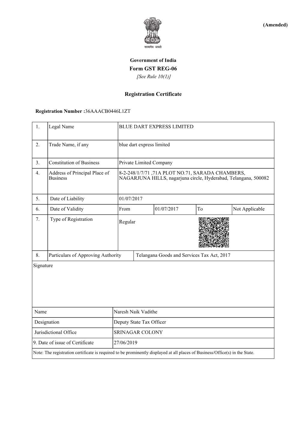 Form GST REG-06 Registration Certificate