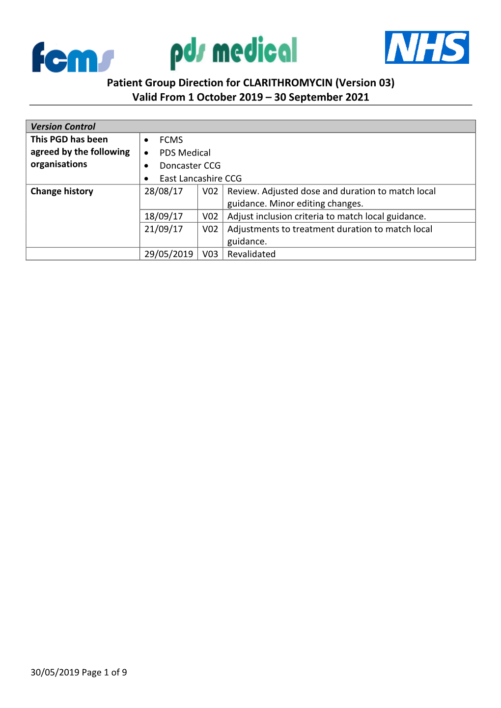 Patient Group Direction for CLARITHROMYCIN (Version 03) Valid from 1 October 2019 – 30 September 2021