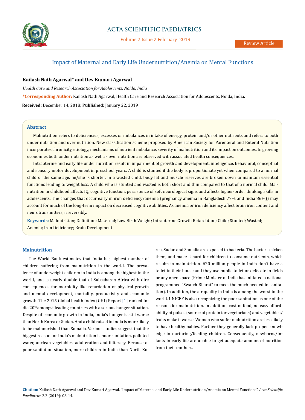 Impact of Maternal and Early Life Undernutrition/Anemia on Mental Functions