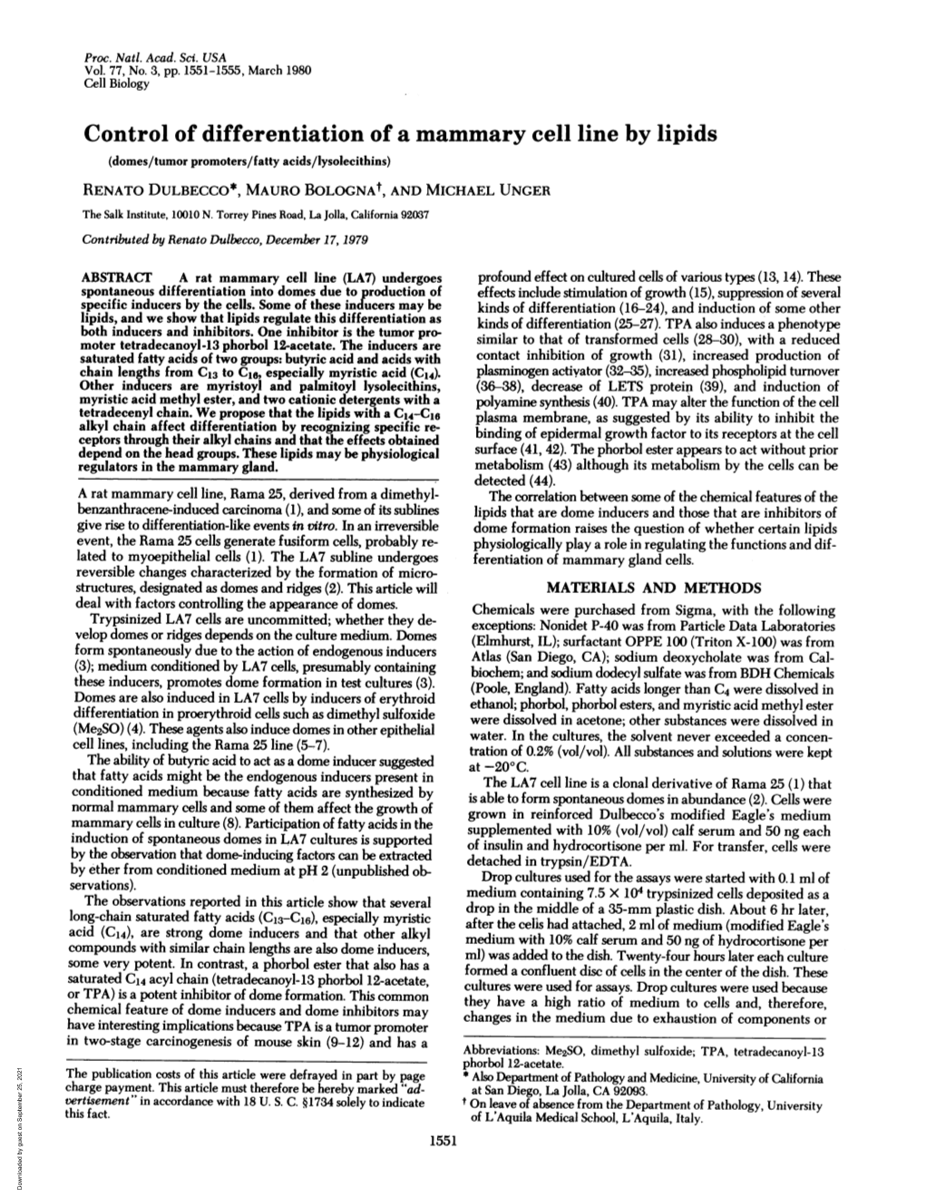 Control of Differentiation of a Mammary Cell Line by Lipids