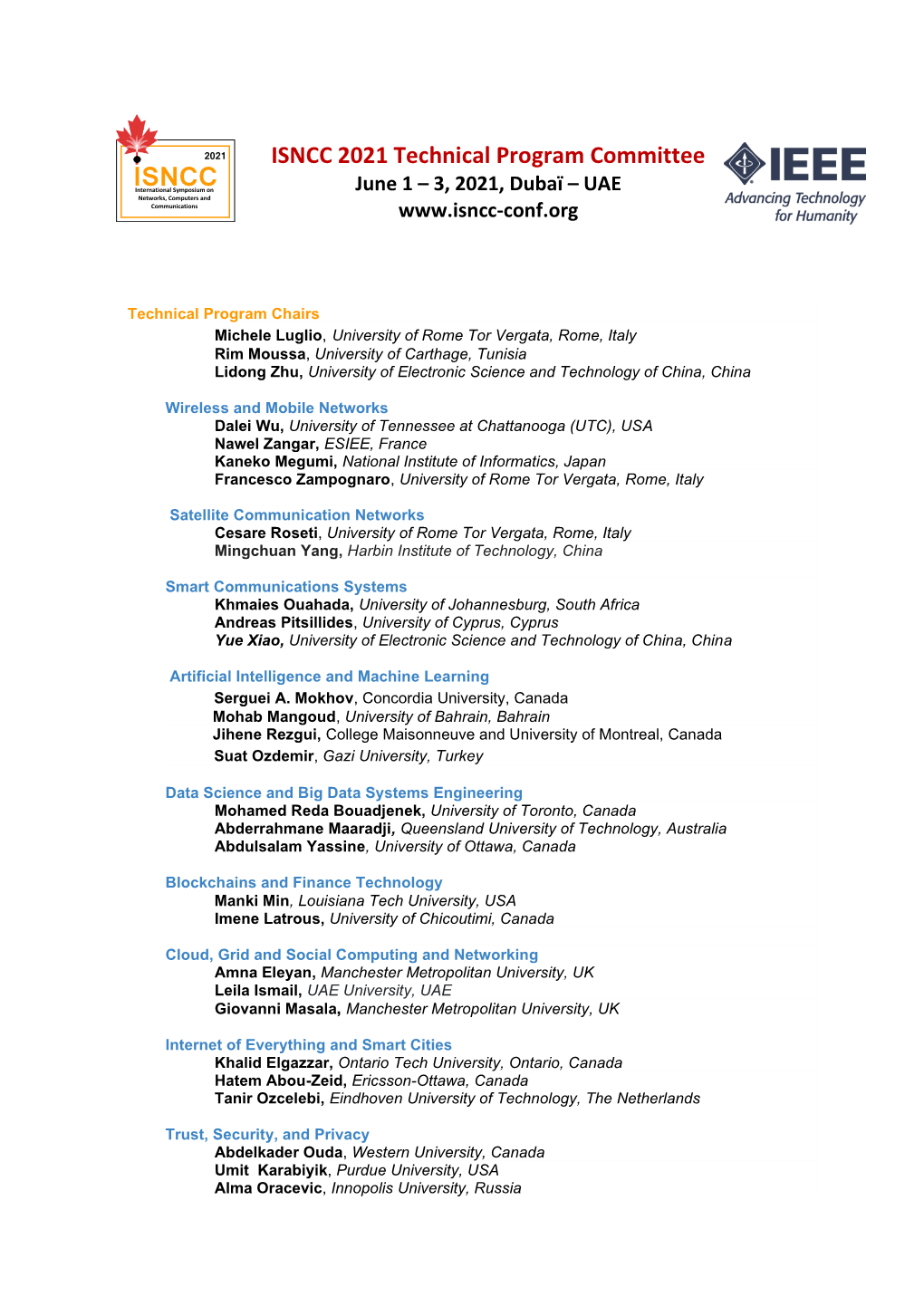 ISNCC 2021 Technical Program Committee