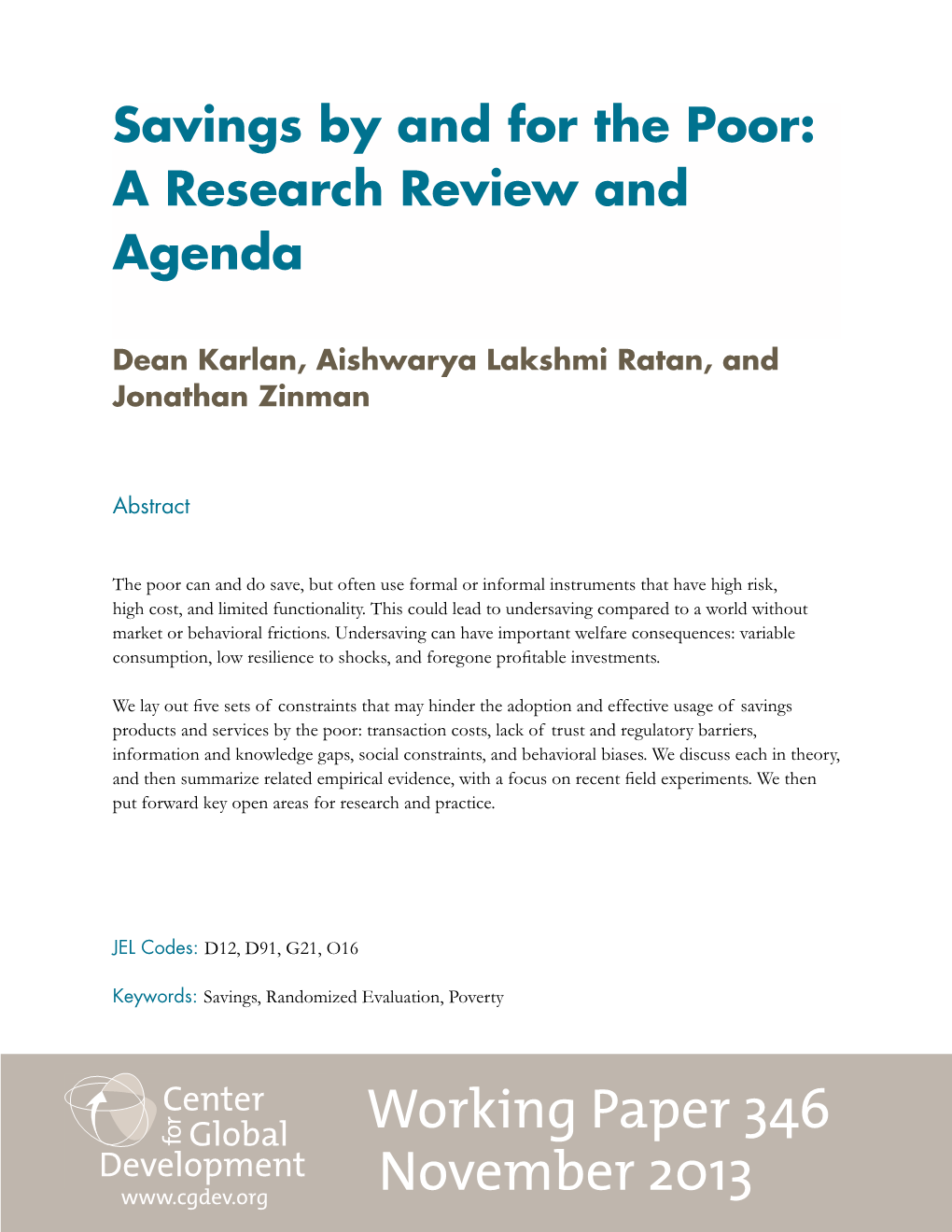 Savings by and for the Poor: a Research Review and Agenda