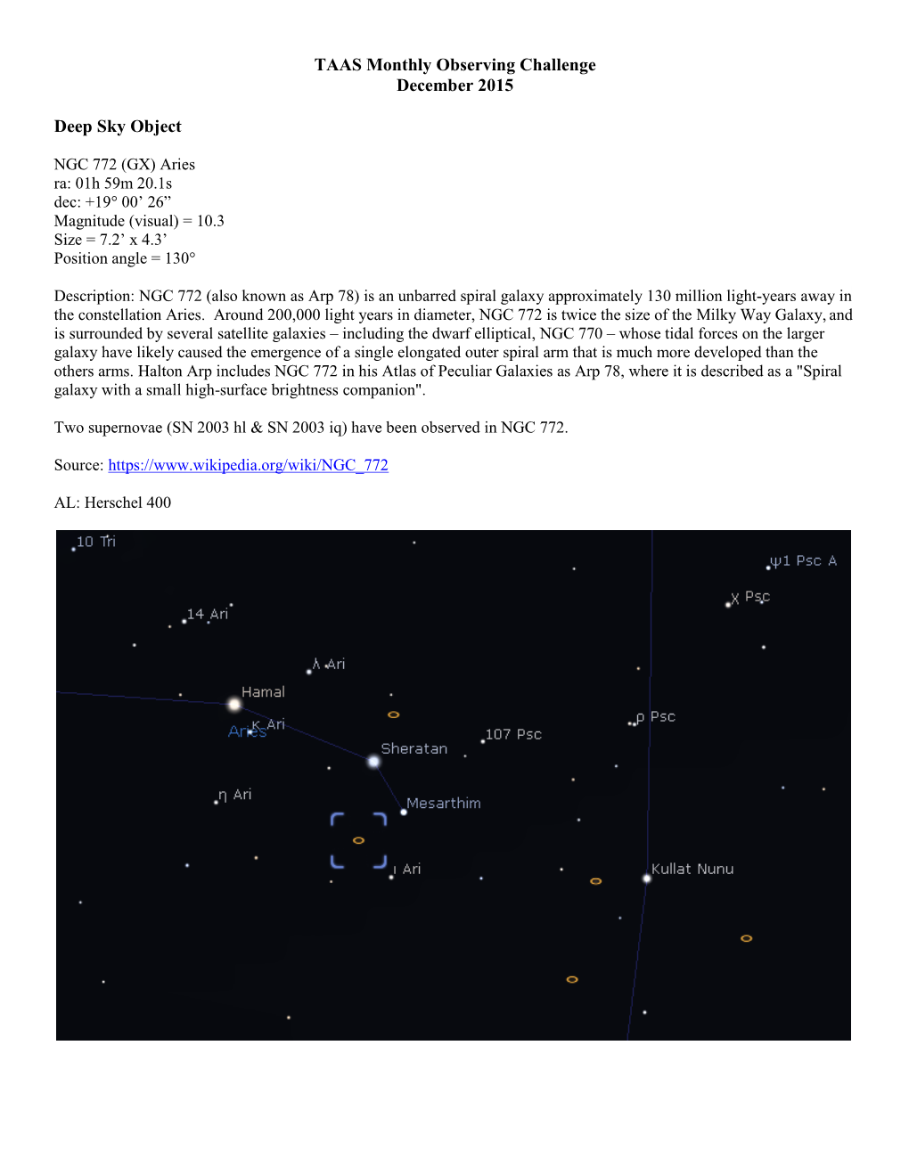TAAS Monthly Observing Challenge December 2015 Deep Sky Object